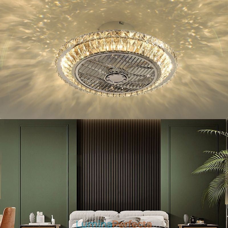 Ventilator de tavan din cristal Lampă de tavan rotundă aurie