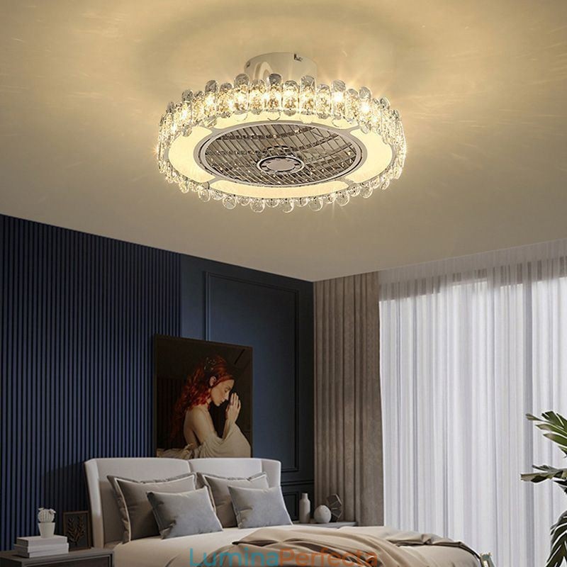 Ventilator de tavan din cristal Lampă de tavan rotundă aurie