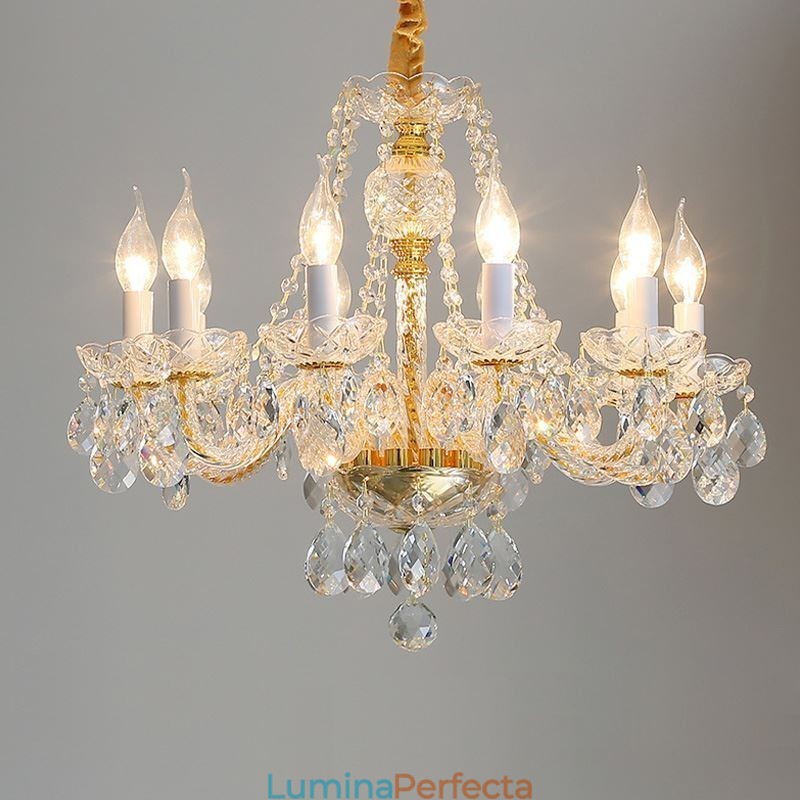 Candelabru de cristal transparent Corp de aur european Plafoniera decorativă de lux