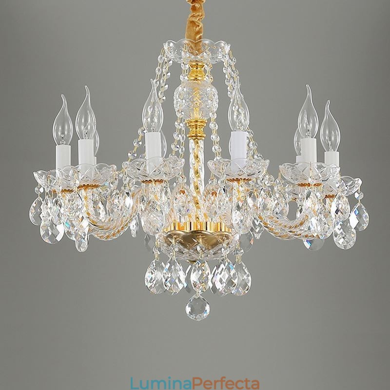 Candelabru de cristal transparent Corp de aur european Plafoniera decorativă de lux