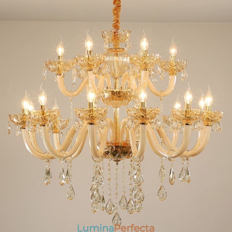 Candelabru din Cristal Elegant Culoarea Cognac Europeană Plafoniera Corp din Sticlă Strat Dublu 12+6 Lumini