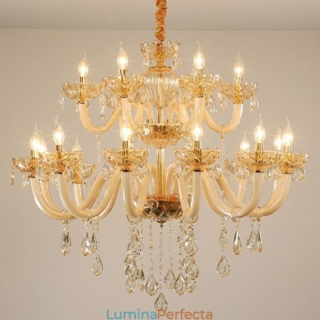 Candelabru din Cristal Elegant Culoarea Cognac Europeană Plafoniera Corp din Sticlă Strat Dublu 12+6 Lumini