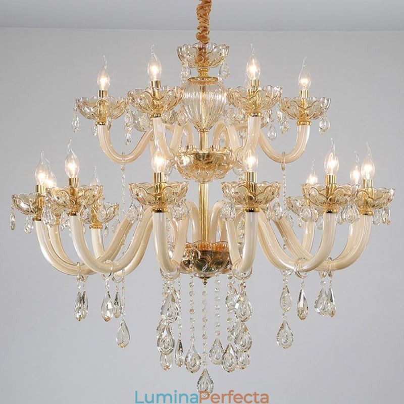 Candelabru din Cristal Elegant Culoarea Cognac Europeană Plafoniera Corp din Sticlă Strat Dublu 12+6 Lumini