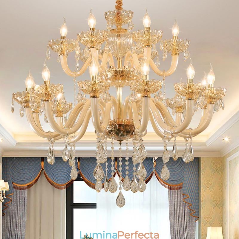 Candelabru din Cristal Elegant Culoarea Cognac Europeană Plafoniera Corp din Sticlă Strat Dublu 12+6 Lumini