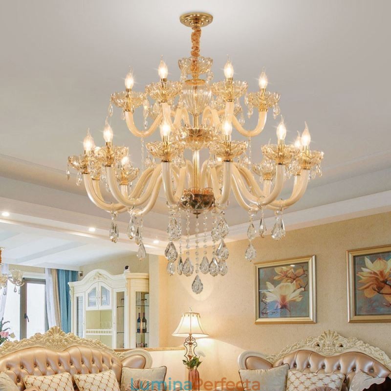 Candelabru din Cristal Elegant Culoarea Cognac Europeană Plafoniera Corp din Sticlă Strat Dublu 12+6 Lumini