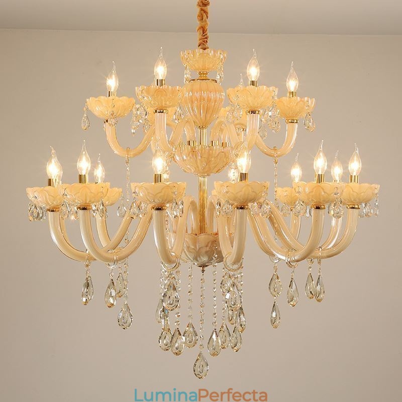 Candelabru de cristal de lux Lampă de tavan de culoare europeană coniac Corp de sticlă strat dublu 12+6 lumini