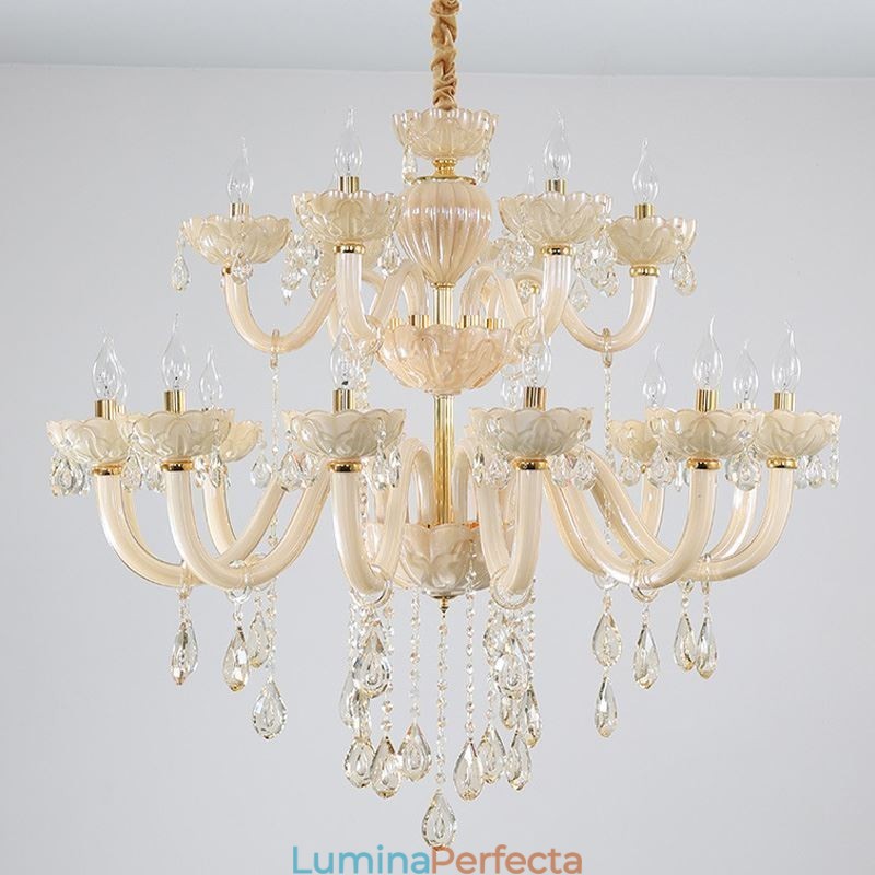 Candelabru de cristal de lux Lampă de tavan de culoare europeană coniac Corp de sticlă strat dublu 12+6 lumini