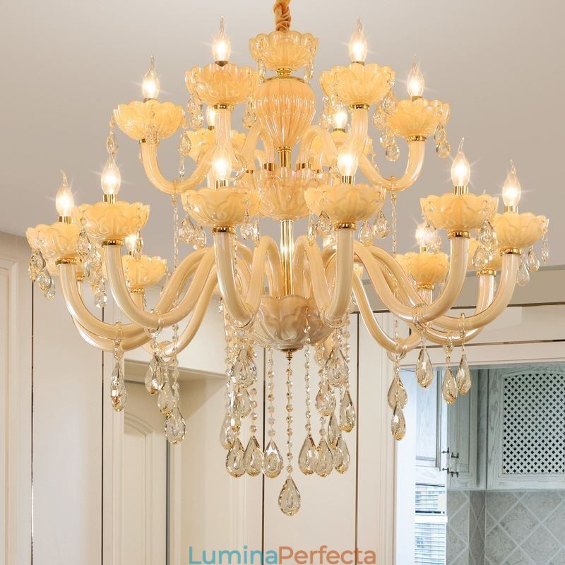 Candelabru de cristal de lux Lampă de tavan de culoare europeană coniac Corp de sticlă strat dublu 12+6 lumini