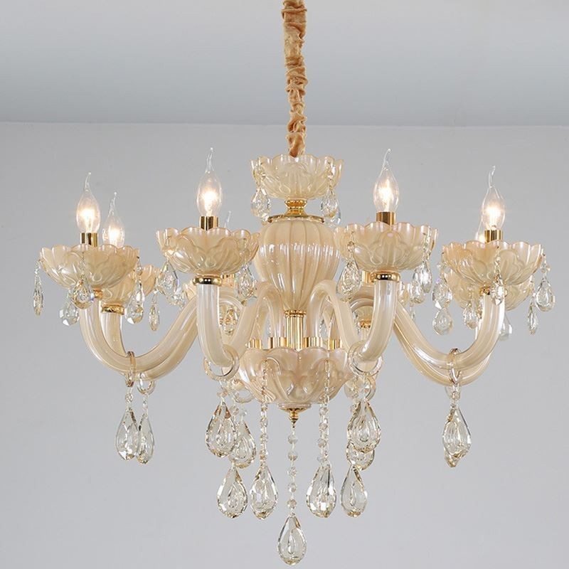 Candelabru de cristal atrăgător de culoare europeană coniac Lampă de tavan Corp din sticlă 8 lumini