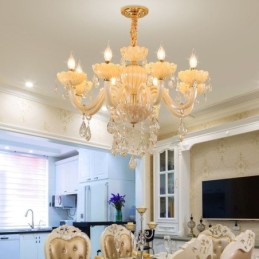 Candelabru de cristal atrăgător de culoare europeană coniac Lampă de tavan Corp din sticlă 8 lumini