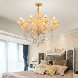 Candelabru de cristal atrăgător de culoare europeană coniac Lampă de tavan Corp din sticlă 8 lumini