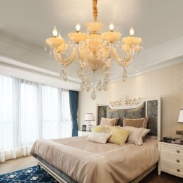 Candelabru de cristal atrăgător de culoare europeană coniac Lampă de tavan Corp din sticlă 8 lumini