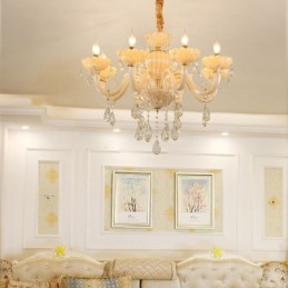 Candelabru de cristal atrăgător de culoare europeană coniac Lampă de tavan Corp din sticlă 8 lumini