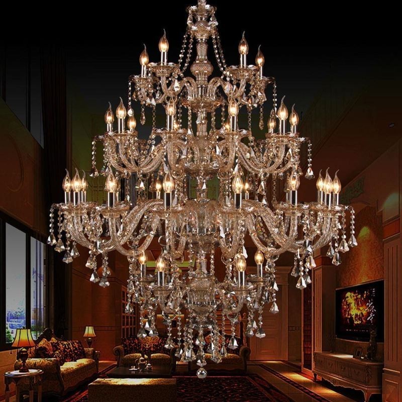 Plafoniera candelabru de cristal coniac cu 35 de lumini