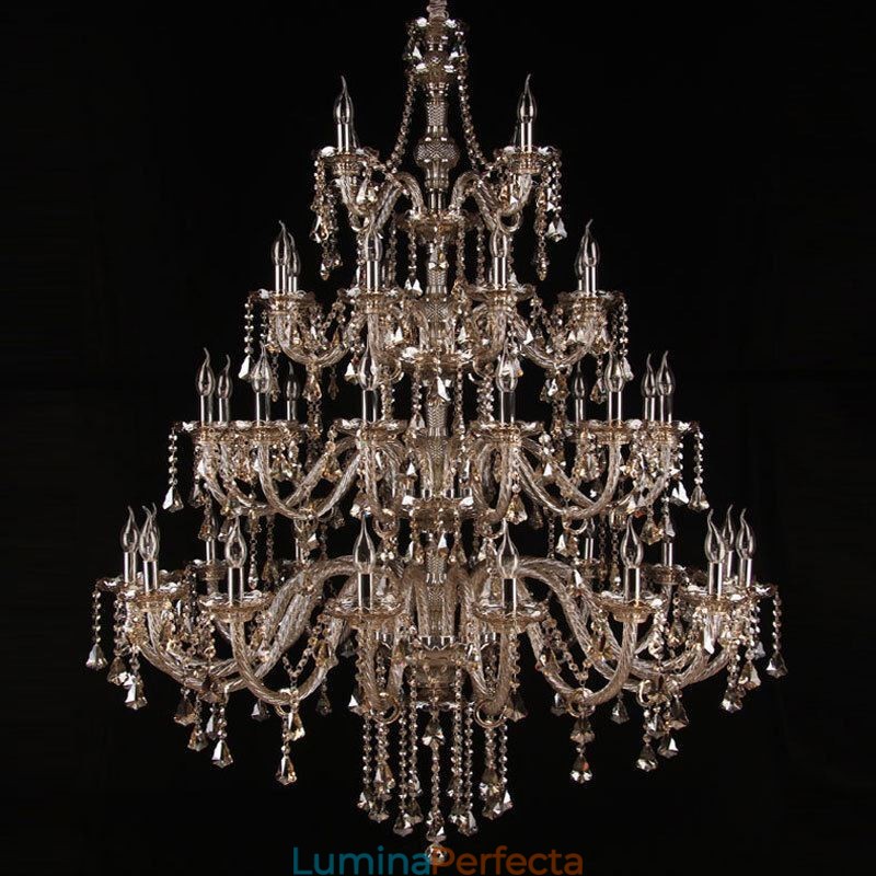 Plafoniera europeană de cristal de culoare cognac cu 40 de lumini