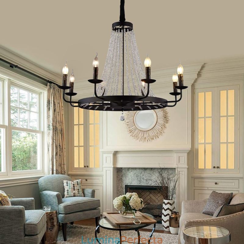 Iluminat cu pandantiv din cristal vintage Candelabru din fier negru