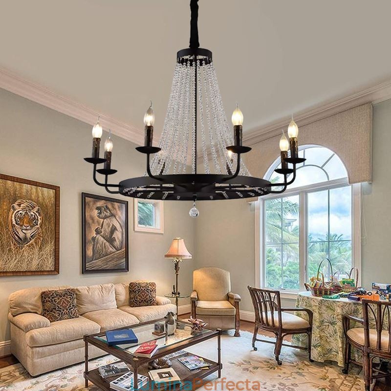 Iluminat cu pandantiv din cristal vintage Candelabru din fier negru