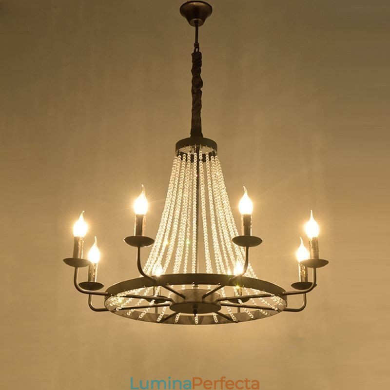 Iluminat cu pandantiv din cristal vintage Candelabru din fier negru