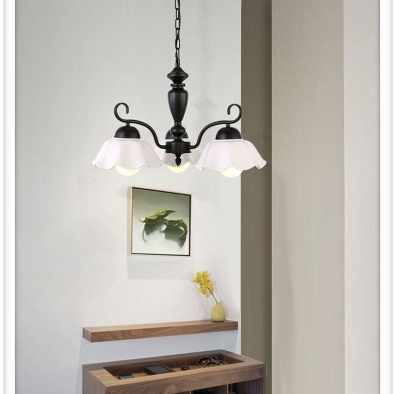 Candelabru nordic cu pandantiv din fier în formă de floare, abajur din sticlă