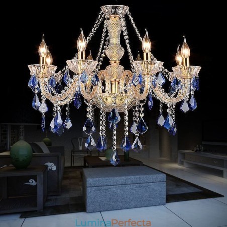 Candelabru de cristal european Pandantiv de lux pendant albastru deschis Candelabru de cristal european Pandantiv de lux pendant albastru deschis