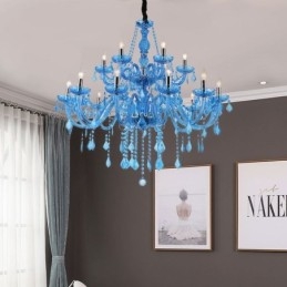 Candelabru de cristal mare pandantiv european Culoare albastru deschis estetic