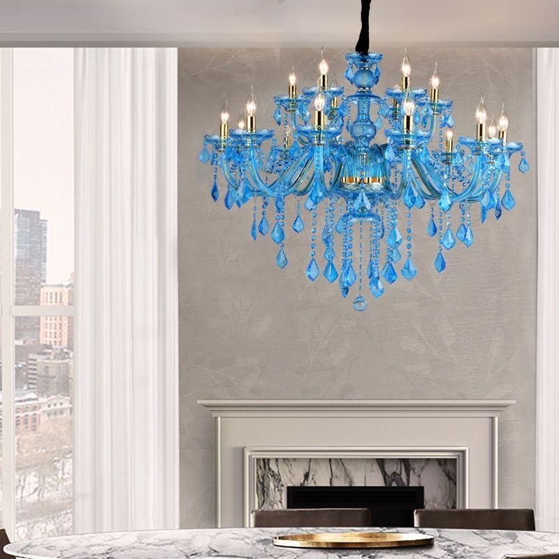 Candelabru mare de cristal albastru Lampă suspendată europeană