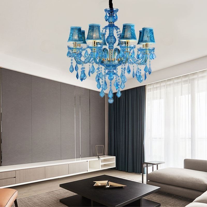 Candelabru mare de cristal albastru Lampă suspendată europeană