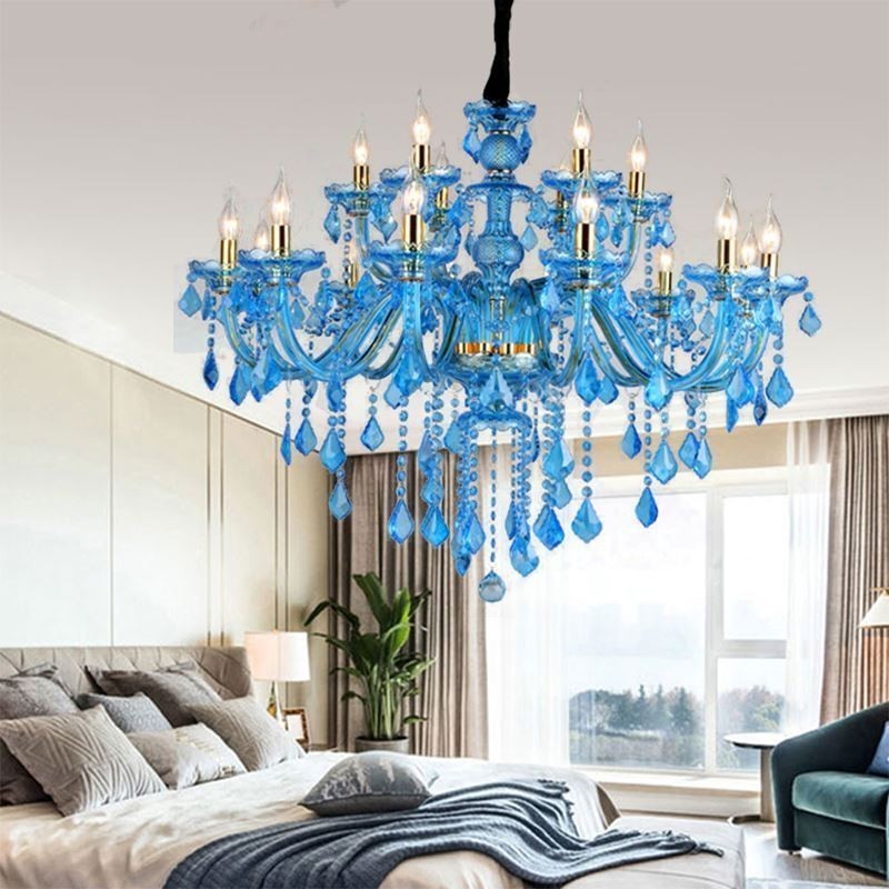 Candelabru mare de cristal albastru Lampă suspendată europeană