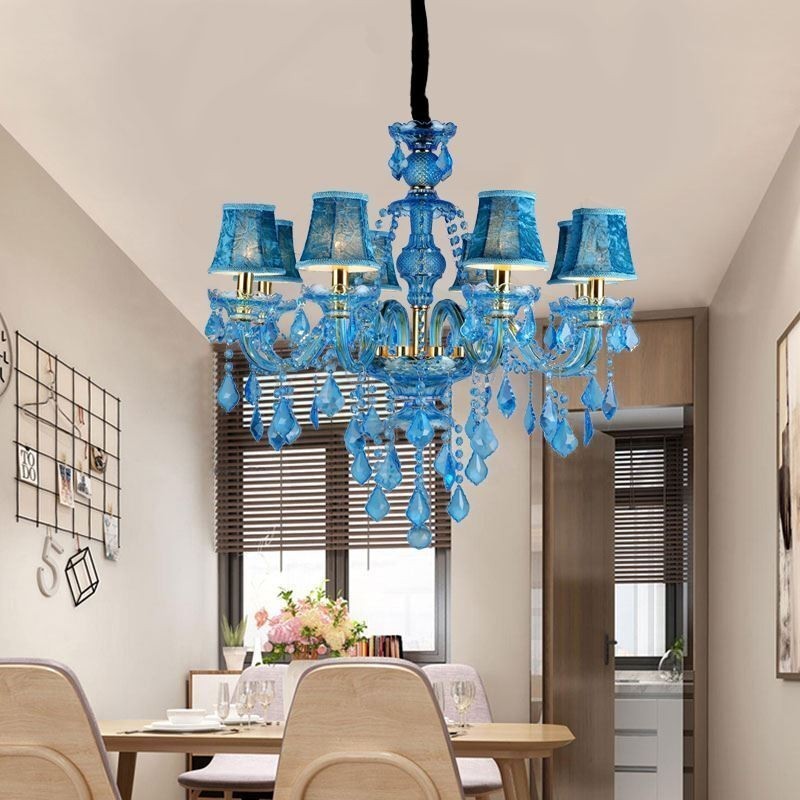 Candelabru mare de cristal albastru Lampă suspendată europeană