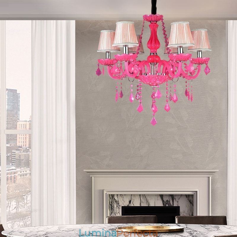 Candelabru de cristal în stil european, lumina suspendată roz romantică