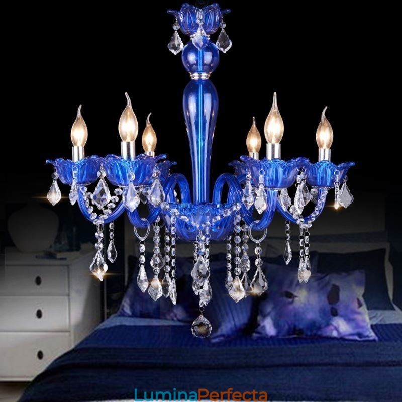 Candelabru de cristal în stil european. Lampă suspendată din sticlă de cristal albastru
