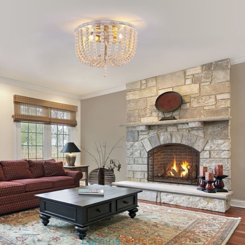 Corp de iluminat din lemn Farmhouse, cu mărgele din lemn