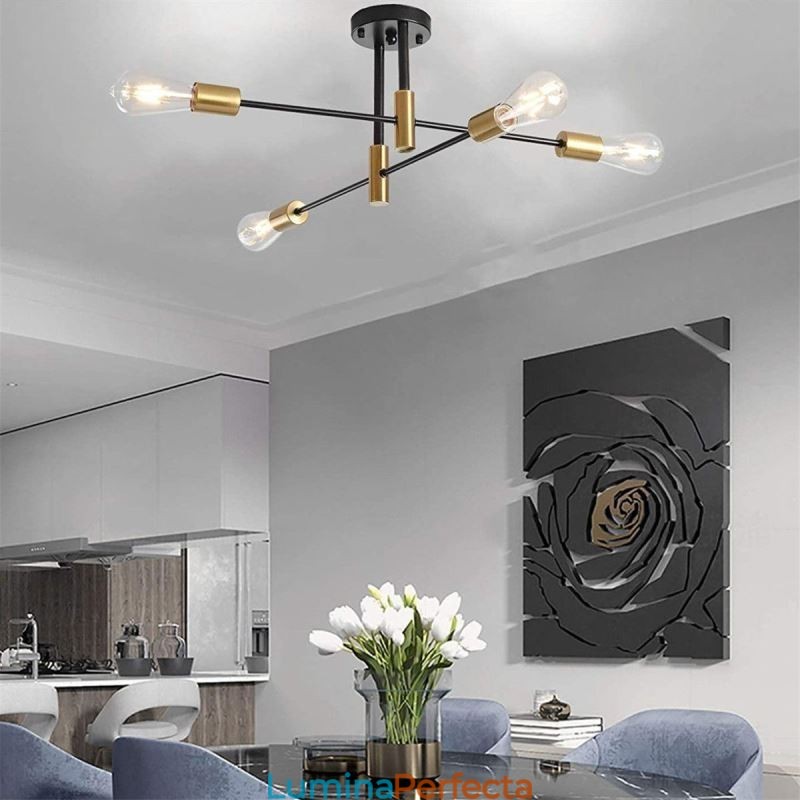 Candelabru Sputnik negru cu 4 lumini, la mijlocul secolului. Plafoniera semi-încastrată