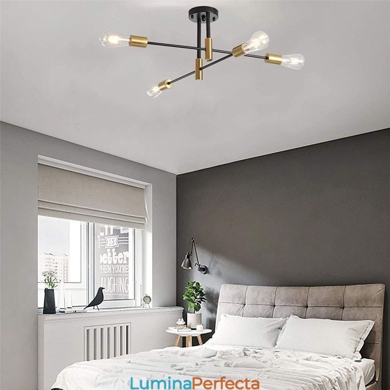 Candelabru Sputnik negru cu 4 lumini, la mijlocul secolului. Plafoniera semi-încastrată