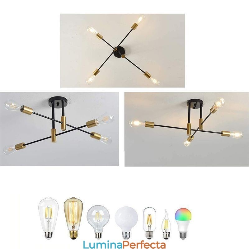 Candelabru Sputnik negru cu 4 lumini, la mijlocul secolului. Plafoniera semi-încastrată