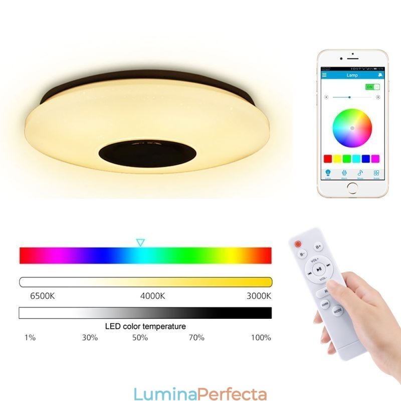 Plafoniera colorată cu montare încasată cu funcție de sincronizare a difuzorului muzical Bluetooth