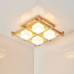 Plafoniera Nordic Square Grid, cu montare incastrata, din lemn de cauciuc