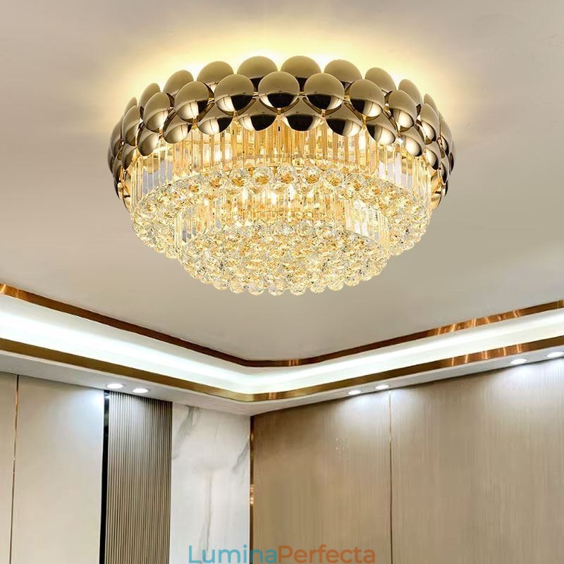Plafoniera Decrativa de lux Rotunda Galvanizata cu Aur de Cristal, 80cm