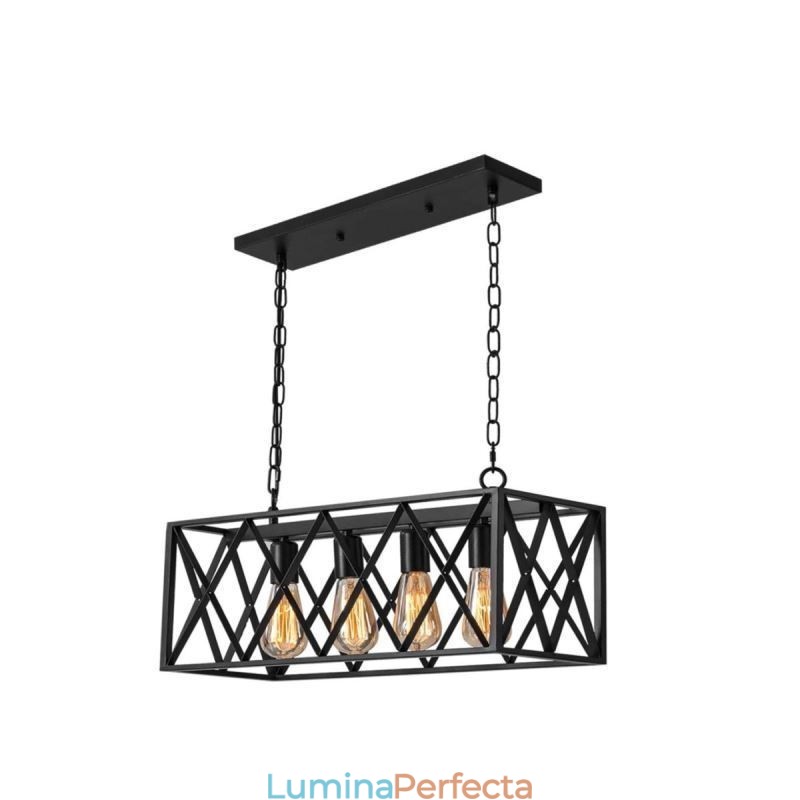 Lampă suspendată dreptunghiulară rustică, cu 4 lumini, suspendată Farmhouse