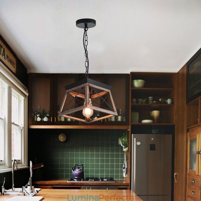 Lampă de suspendare trapezoidală vintage, metal negru