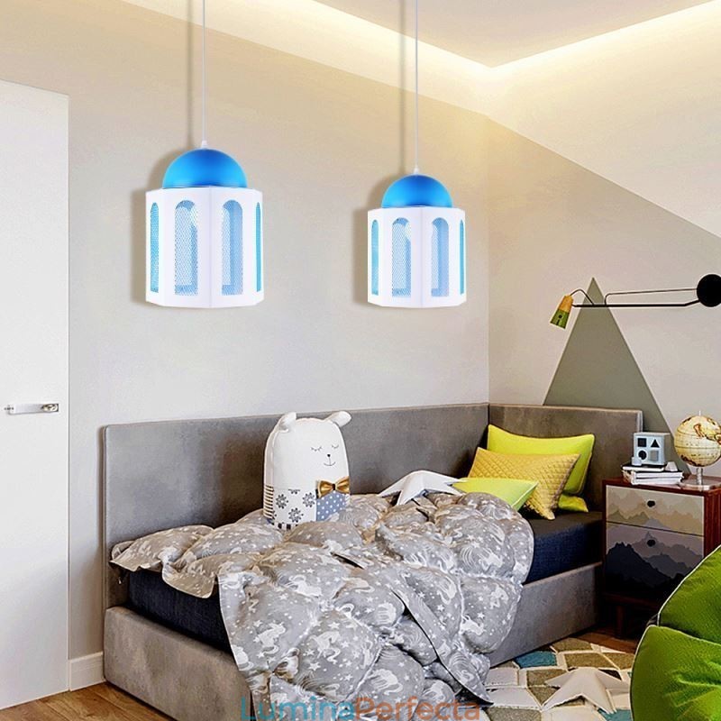 Lampă suspendată în formă de castel Lumină modernă de culoare albastru și alb