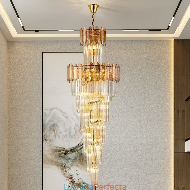 Plafoniera decorativă duplex de lux, cu pandantiv din cristal