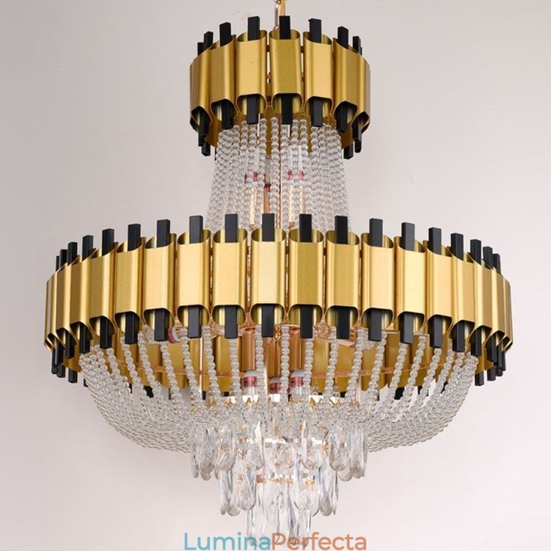Plafoniera cu pandantiv din cristal auriu de lux