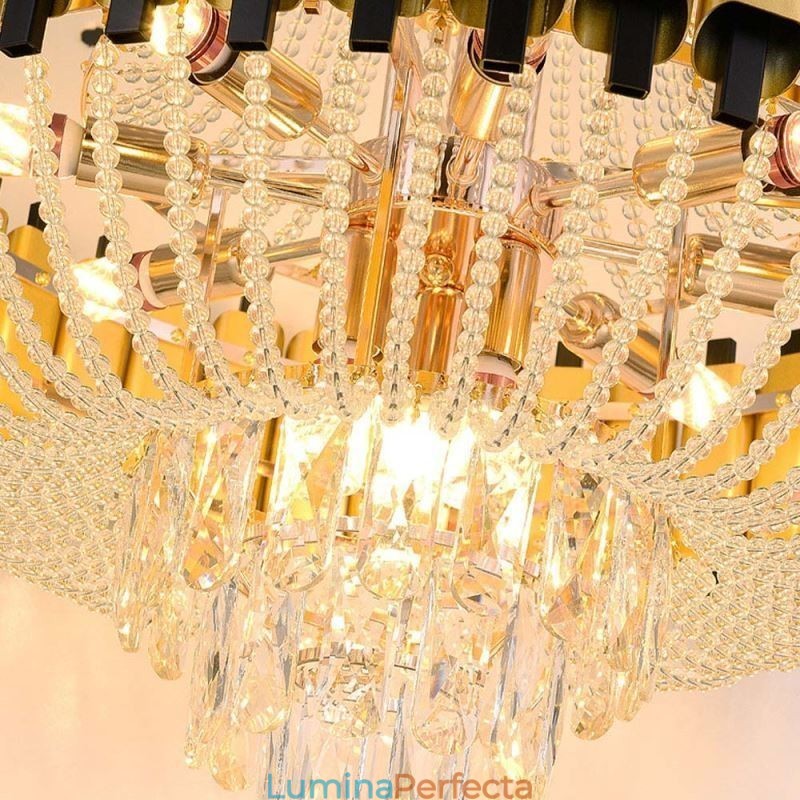 Plafoniera cu pandantiv din cristal auriu de lux