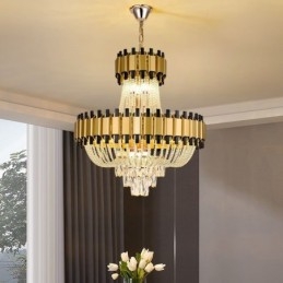 Plafoniera cu pandantiv din cristal auriu de lux