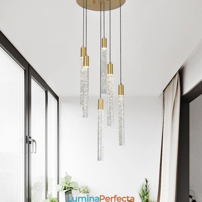 Plafoniera cu coloană din cristal de cupru