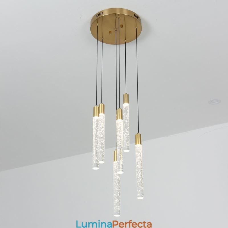 Plafoniera cu coloană din cristal de cupru