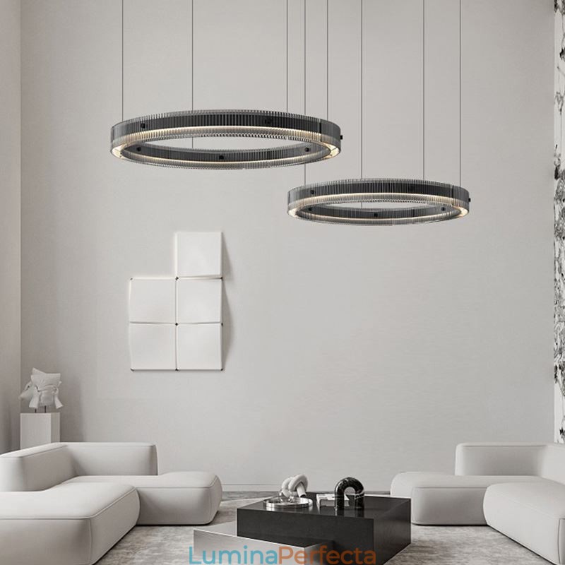 Lampă suspendată 60+80CM Plafoniera din sticlă cerc dublu, reglabilă fără trepte, cu telecomandă