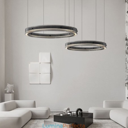 Lampă suspendată 60+80CM Plafoniera din sticlă cerc dublu, reglabilă fără trepte, cu telecomandă