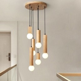 Lampă suspendată din lemn japonez cu 6 lumini